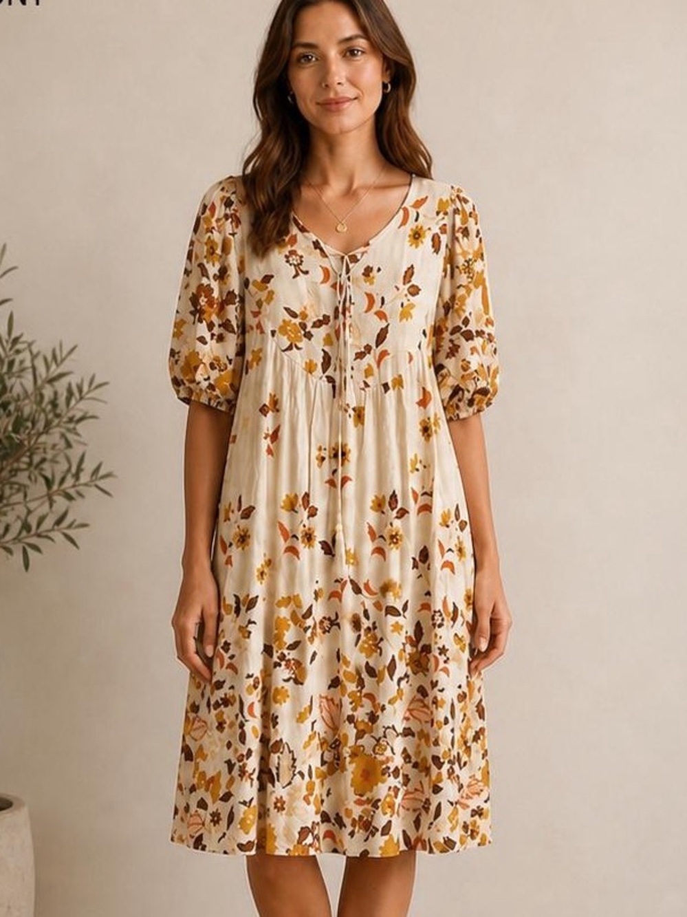 Polagram Cream Floral Puff-Sleeve Midi Dress